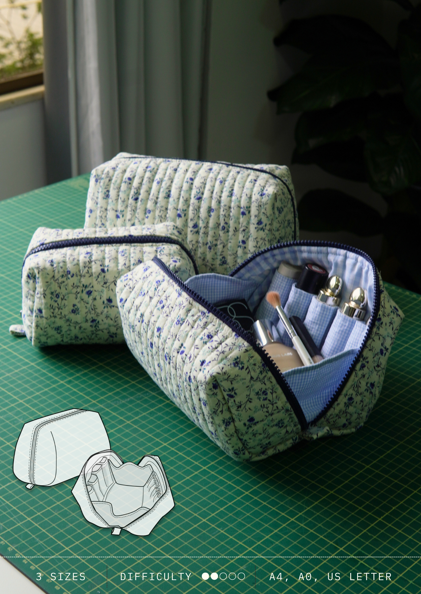 The Open-Up Pouch PDF Sewing Pattern  |  Makeup Bag, Toiletry Bag, Zipper Pouch (3 Sizes)