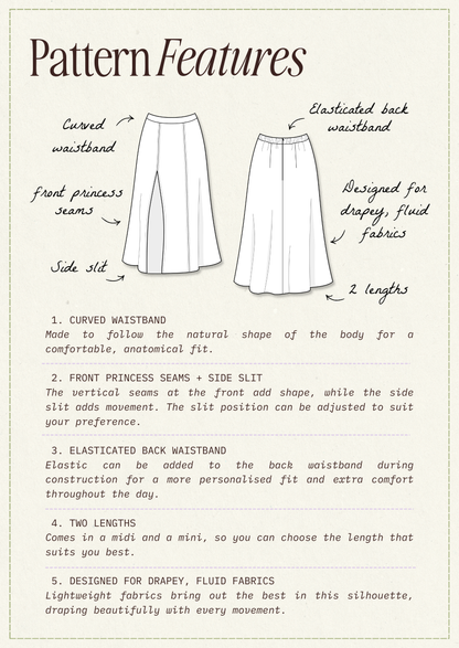 Valentina Skirt PDF Sewing Pattern | A-Line Skirt with Slit | Sizes 28-62