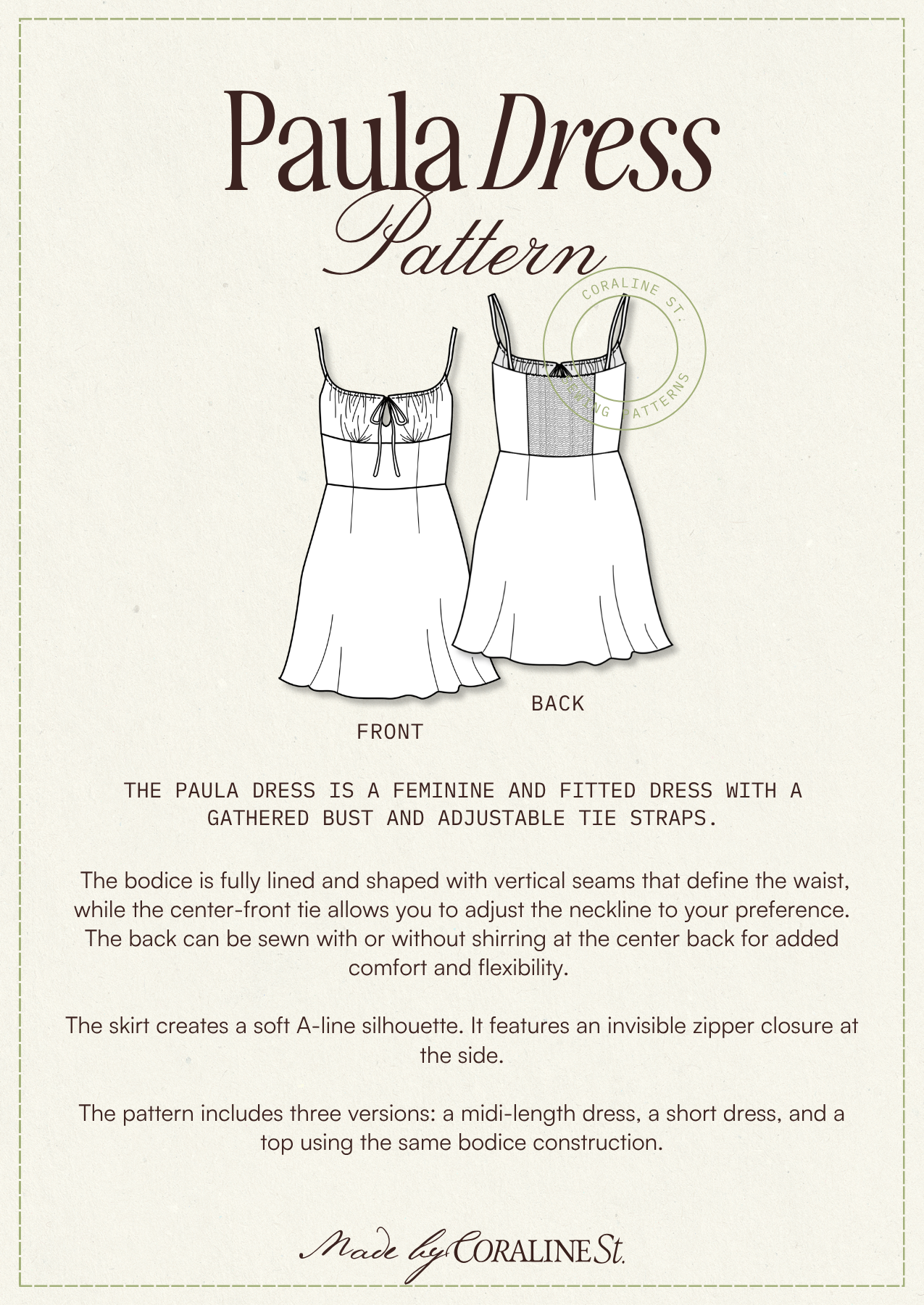 Paula Dress & Top PDF Sewing Pattern | Gathered Bust Milkmaid Sundress | A-Line Midi & Mini Dress