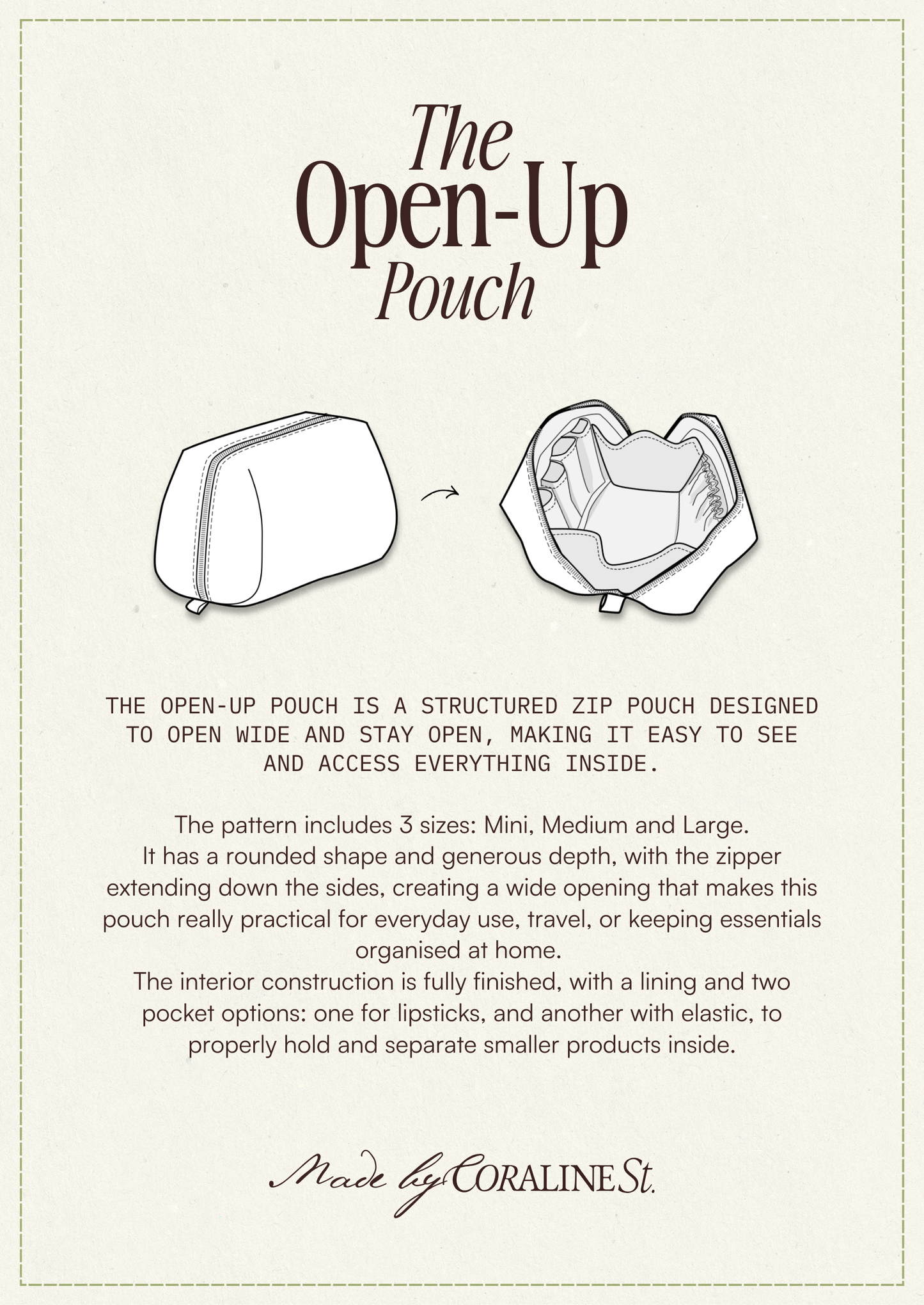 The Open-Up Pouch PDF Sewing Pattern  |  Makeup Bag, Toiletry Bag, Zipper Pouch (3 Sizes)