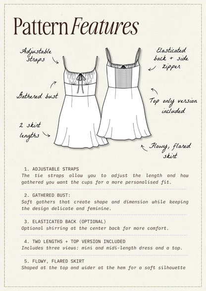 Paula Dress & Top PDF Sewing Pattern | Gathered Bust Milkmaid Sundress | A-Line Midi & Mini Dress