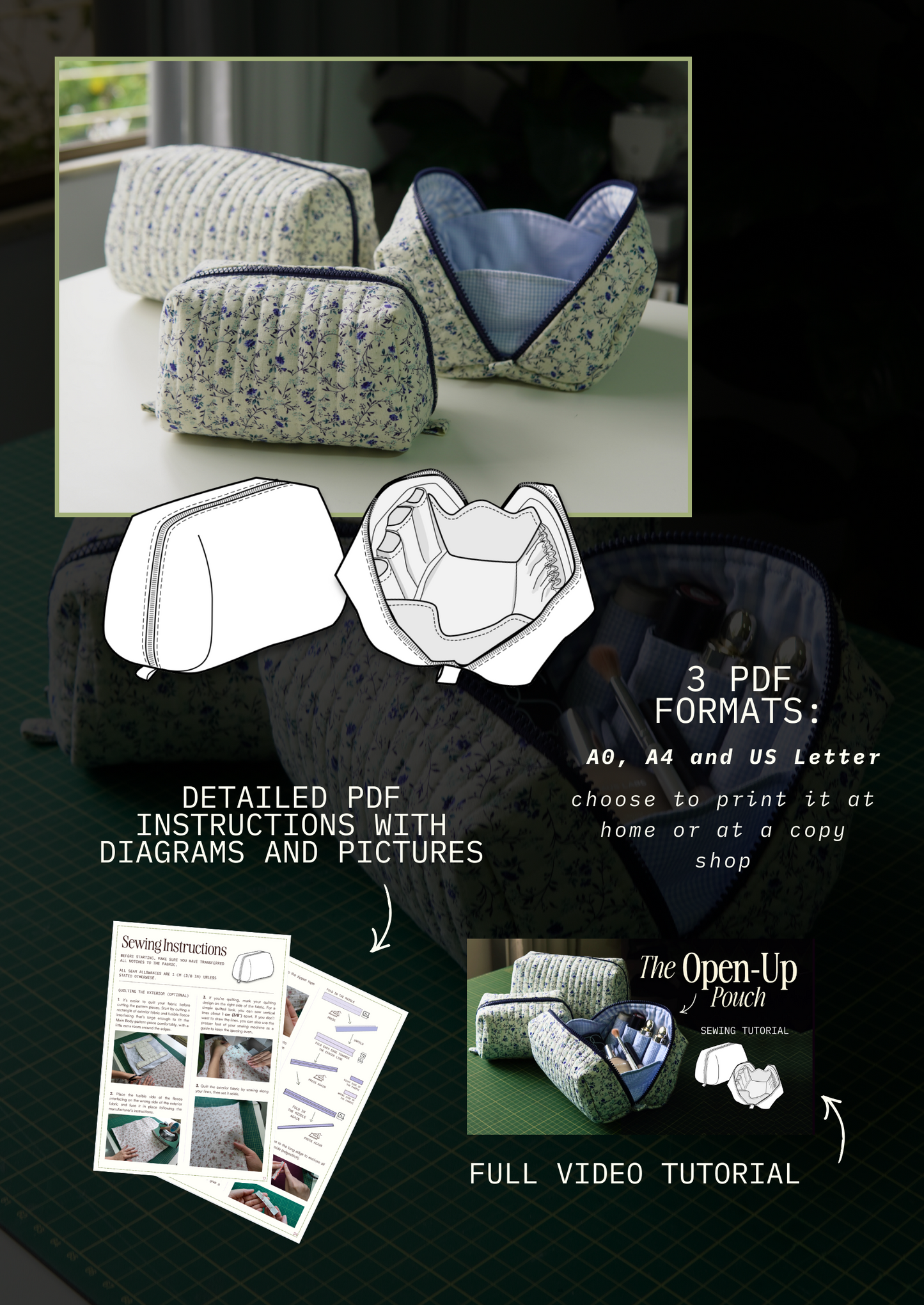 The Open-Up Pouch PDF Sewing Pattern  |  Makeup Bag, Toiletry Bag, Zipper Pouch (3 Sizes)
